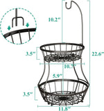2-Tier Fruit Basket Bowl Stackable Vegetable Storage with Banana Tree Hanger Stand for Kitchen Countertop, Metal Wire Basket for Bread Onions Potatoes Black