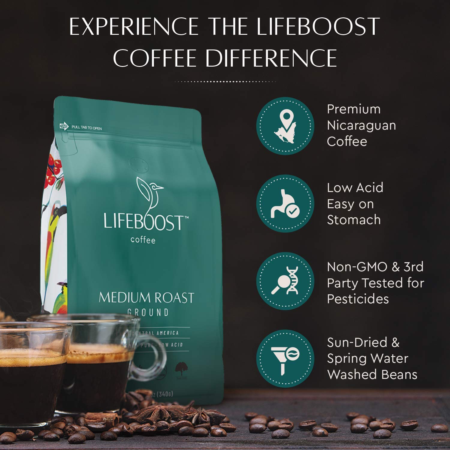 lifeboost medium roast coffee 12 ounces usda organic non-gmo single origin low acid