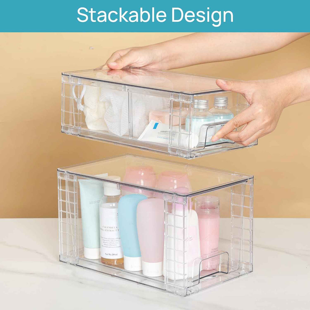 Vtopmart 4 Pack Clear Stackable Storage Drawers,Under Sink and Kitchen Organizers Storage,Easy to Assemble Plastic Drawers for Baby Bottle,Medicine, Bathroom,Cabinet and Pantry Organization