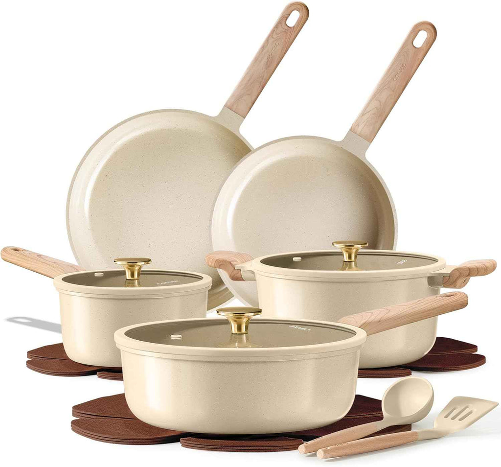 CAROTE 14Pcs Non-stick Ceramic Cookware Set, PFAS and PFOA Free, Kitchen Cooking Essentials