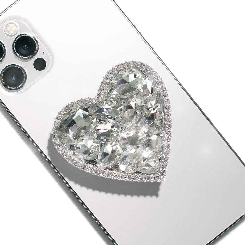 OnTheGrip Cute Cubic Diamond Heart Shape Design Collapsible Expandible Mobile Phone Grip Stand Holder for Smartphone Tablet Cell Phone Accessory (Silver Big)