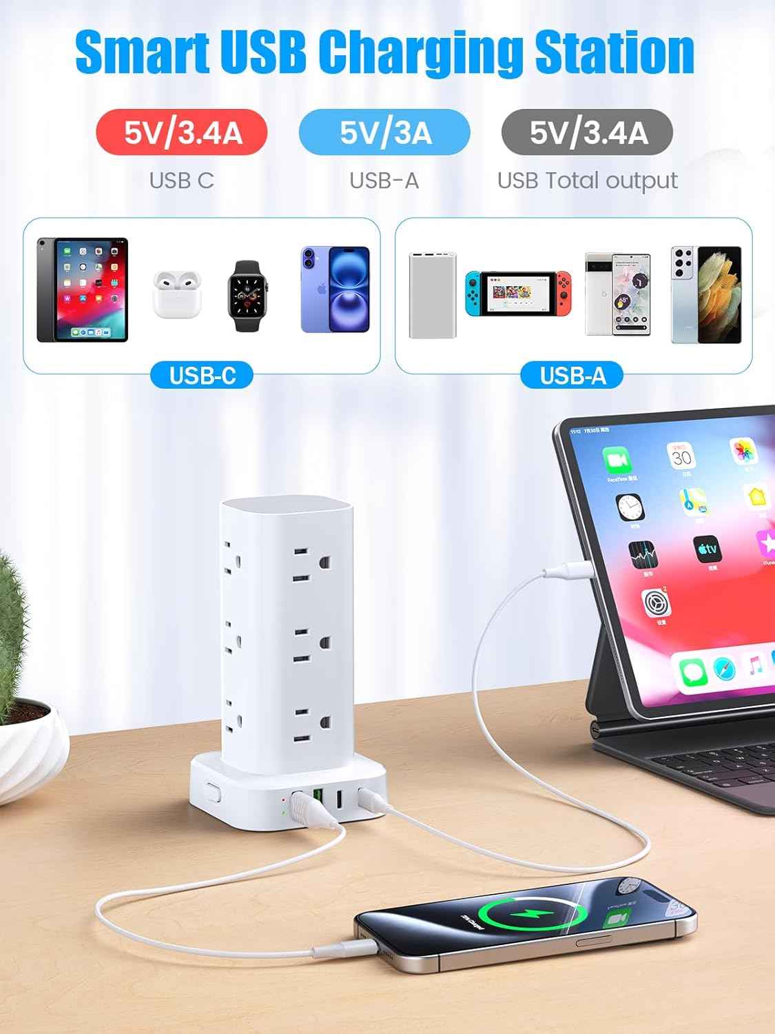 Tower power strip surge protection 6FT flat extension cord with multiple outlets and usb ports white