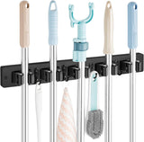 Mop and Broom Holder Wall Mount - Rustic Wood Broom Mop Hanger - Wall Mounted Garden Tool Rack Organizer for Closet Garage Laundry Room Kitchen Decor With 4 Slots & 4 Hooks - ShopUS