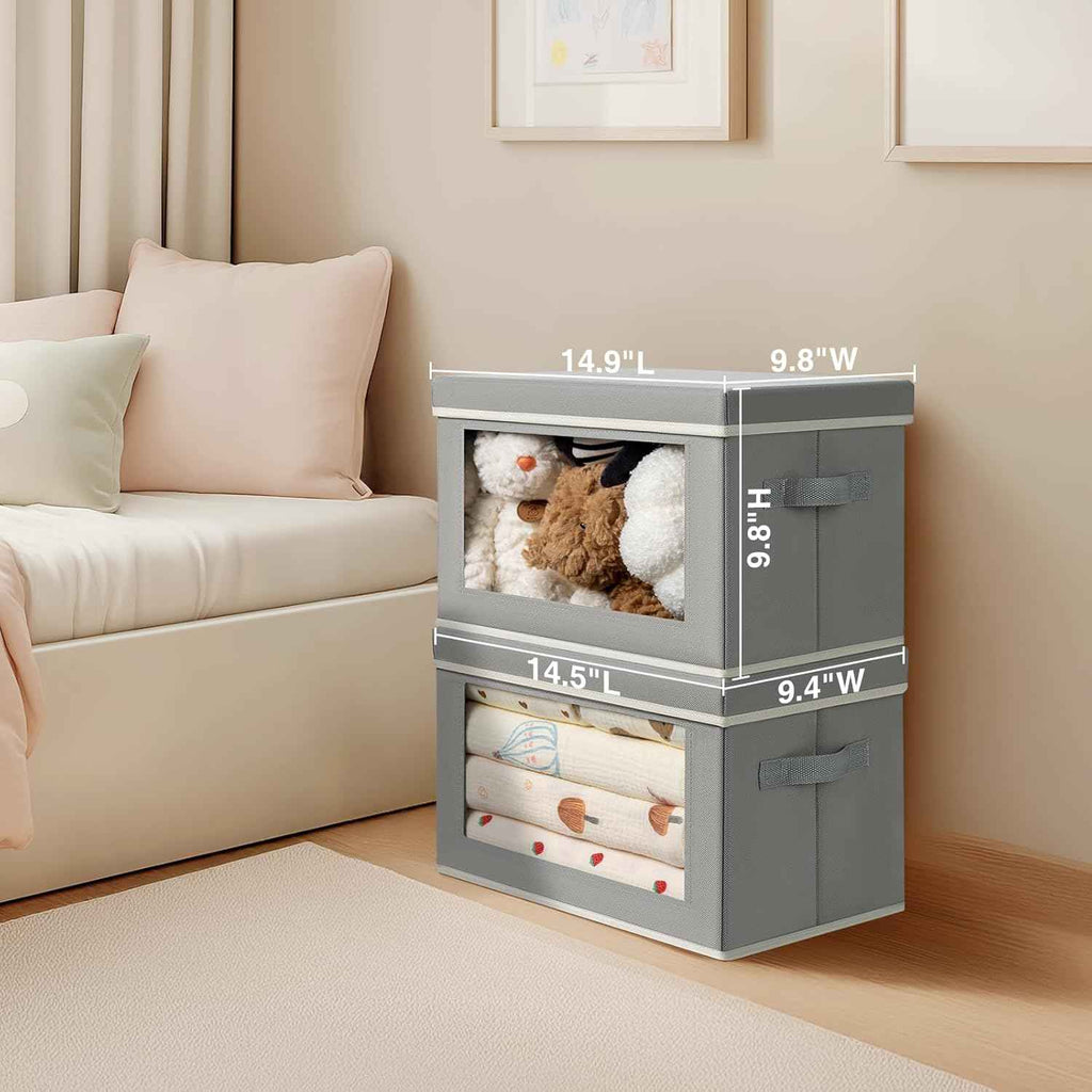 Storage Bins with Lids - Fabric Closet Storage Bins with Window, Collapsible Baskets for Shelves 4 Pack, Home Decorative Boxes for Clothes, Closet, Office, Grey