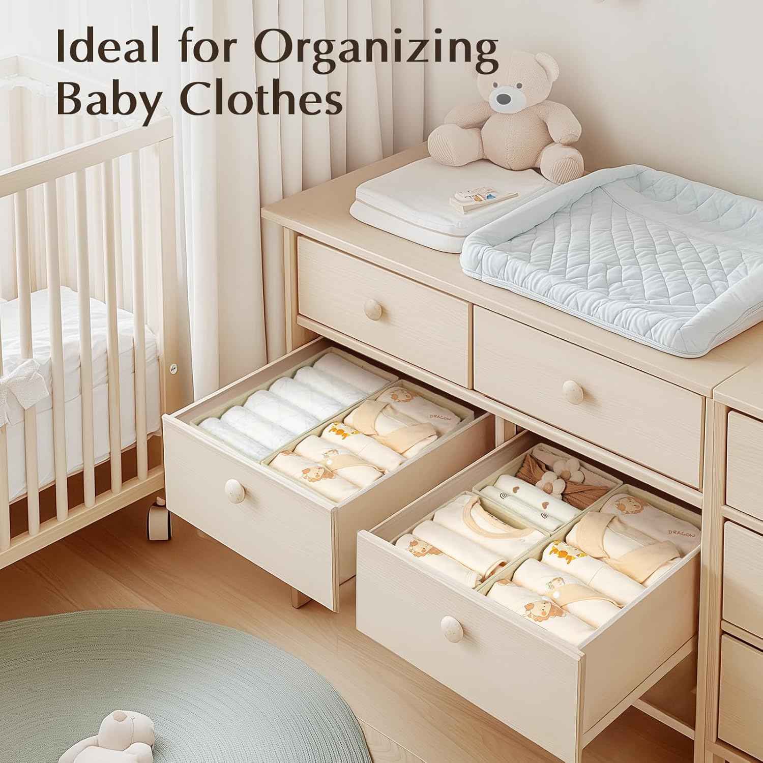 DIMJ Drawer Organizers Clothes - 4 Piece Set of Shallow Dresser Organizer Bins for Nursery, Clothing, Baby Clothes, Socks, Underwears and Tie