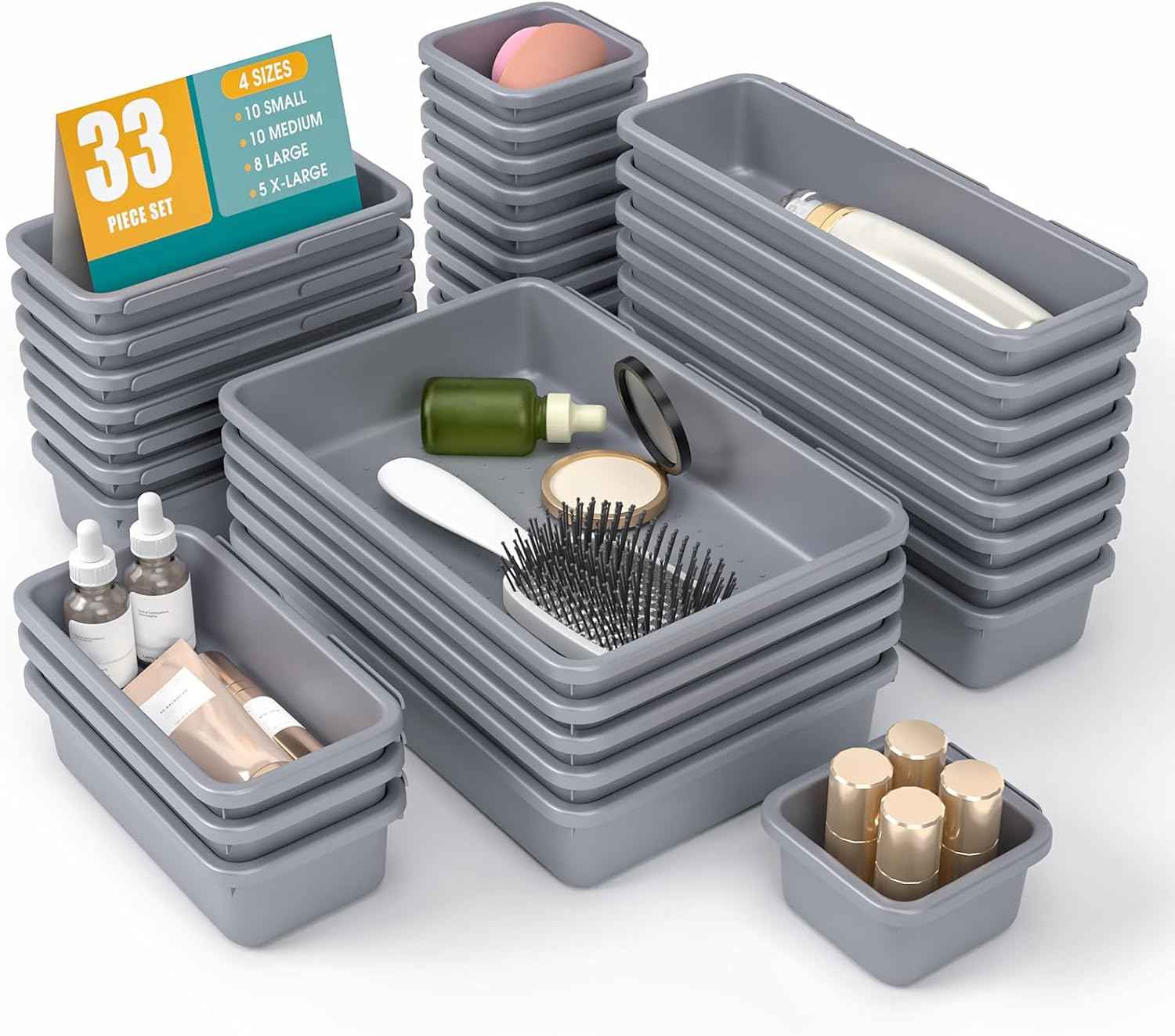 10 PCS Drawer Organizer Set, 4 Size Makeup Drawer Divider Organizer With Non-Slip Pads, Interlocking Plastic Storage Bins for Office,Jewelry Vanity,Gadgets, Bathroom,Kitchen, Black