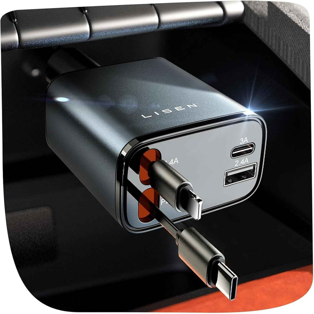 Lisen 69W Retractable Car Charger with USB-C for iPhone 17 Pro Max Air, compact 4 in 1 adapter for drivers
