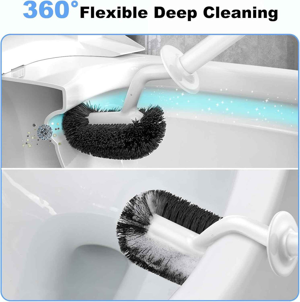 White Hamitor curved toilet brush holder set for small RV bathrooms with hidden scrubber