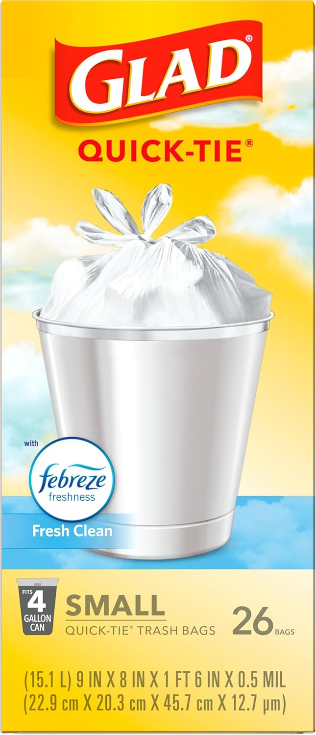 Glad Small Trash Bags 4 Gallon, Febreze Fresh Clean Garbage Bags, Odor Resistant with Quick Tie, 26 Count - ShopUS