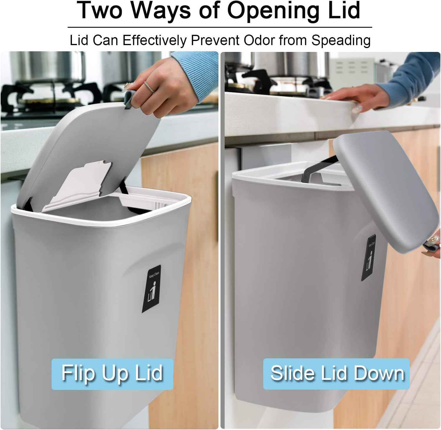 Tiyafuro 2.4 Gallon Kitchen Compost Bin for Counter Top or Under Sink, Hanging Small Trash Can with Lid for Cupboard/Bathroom/Bedroom/Office/Camping, Mountable Indoor Compost Bucket, Gray