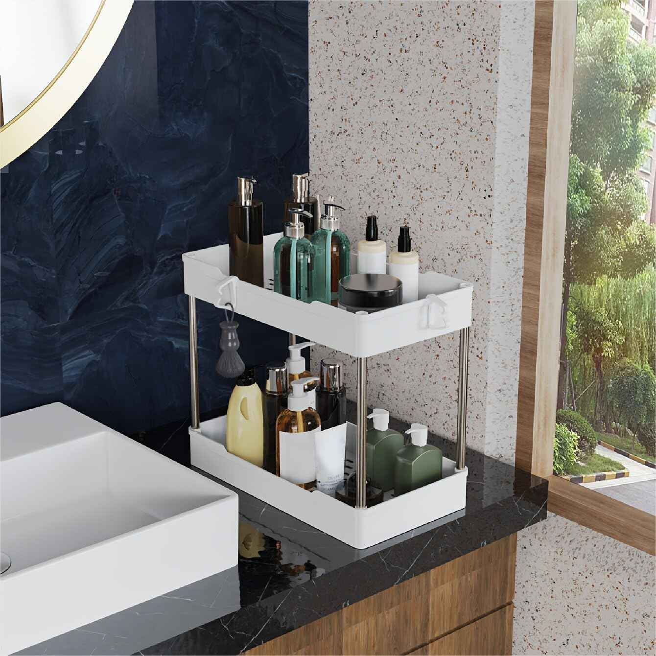 3 Pack Under Sink Organizers and Storage, 2 Tier Bathroom Cabinet Organizer Shelf with Hanging Cups for Kitchen & Bathroom (White)