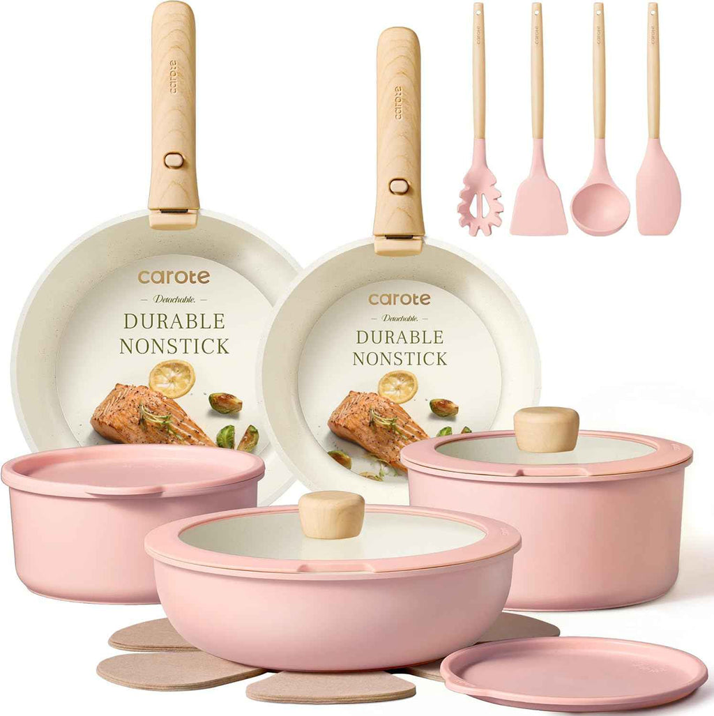 CAROTE Pots and Pans Set, Nonstick Cookware Set Detachable Handle, 19pcs Induction Kitchen Cookware Sets Non Stick with Removable Handle, RV Cookware Set, Oven Safe, Sage Green