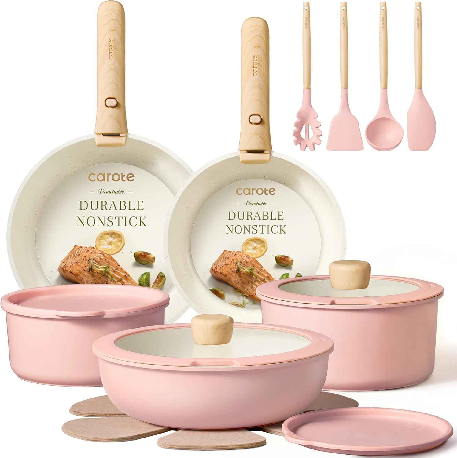 CAROTE Pots and Pans Set, Nonstick Cookware Set Detachable Handle, 19pcs Induction Kitchen Cookware Sets Non Stick with Removable Handle, RV Cookware Set, Oven Safe, Sage Green