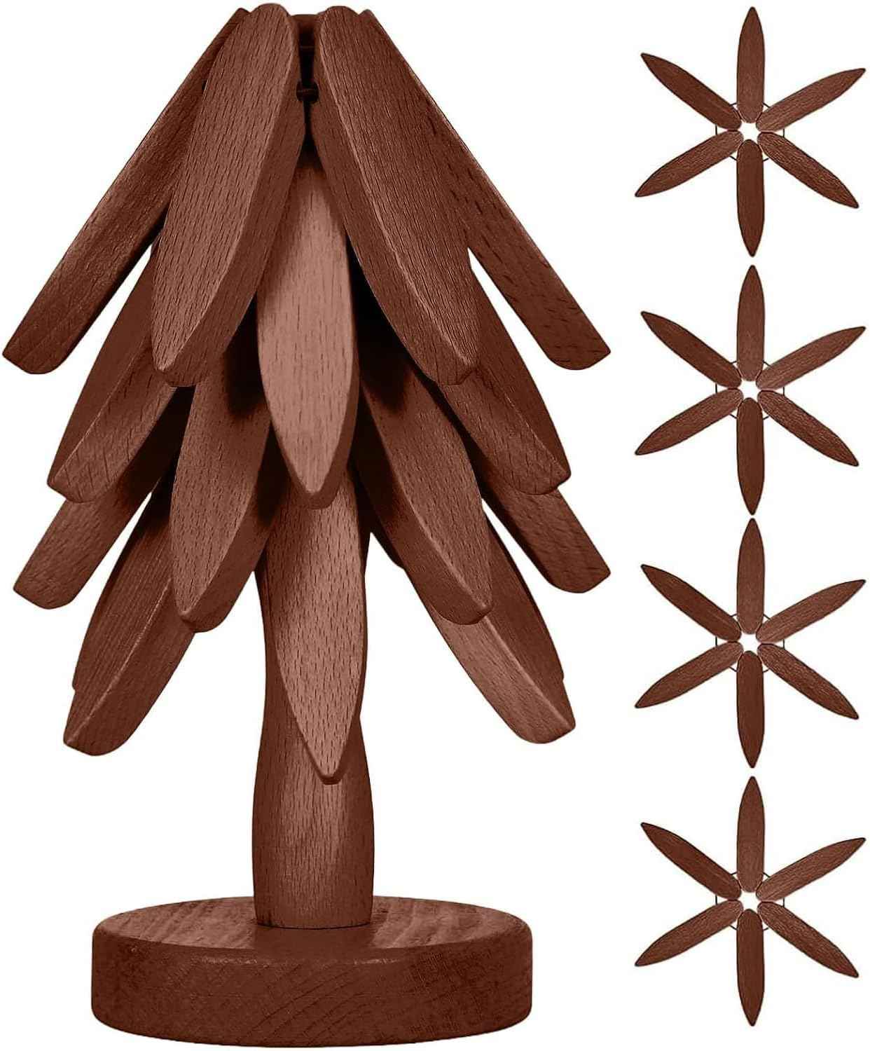 Wooden Tree Shape Coasters and Trivet Set, 4 Wooden Trivets + 1 Stand, Brown