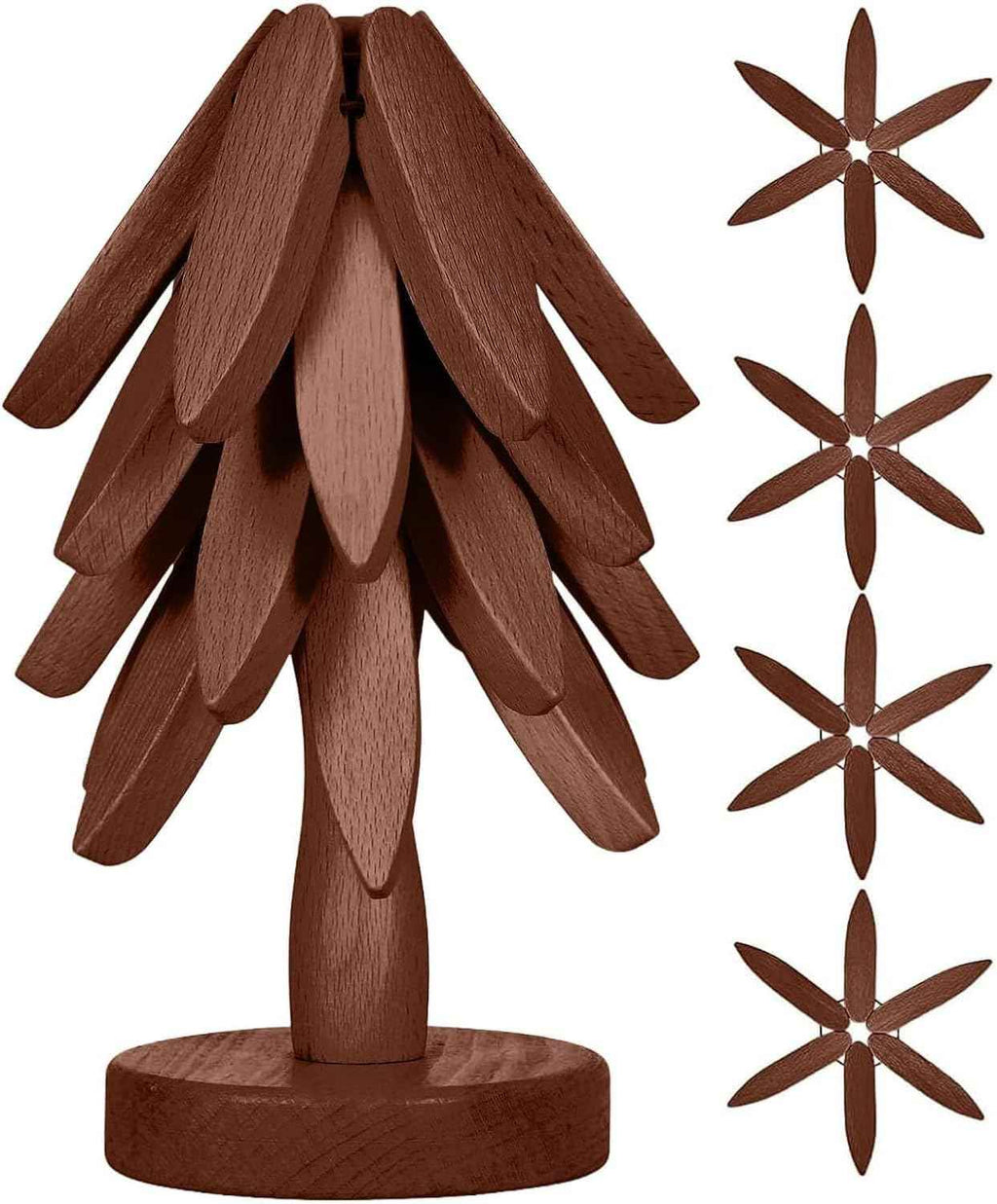 Wooden Tree Shape Coasters and Trivet Set, 4 Wooden Trivets + 1 Stand, Brown