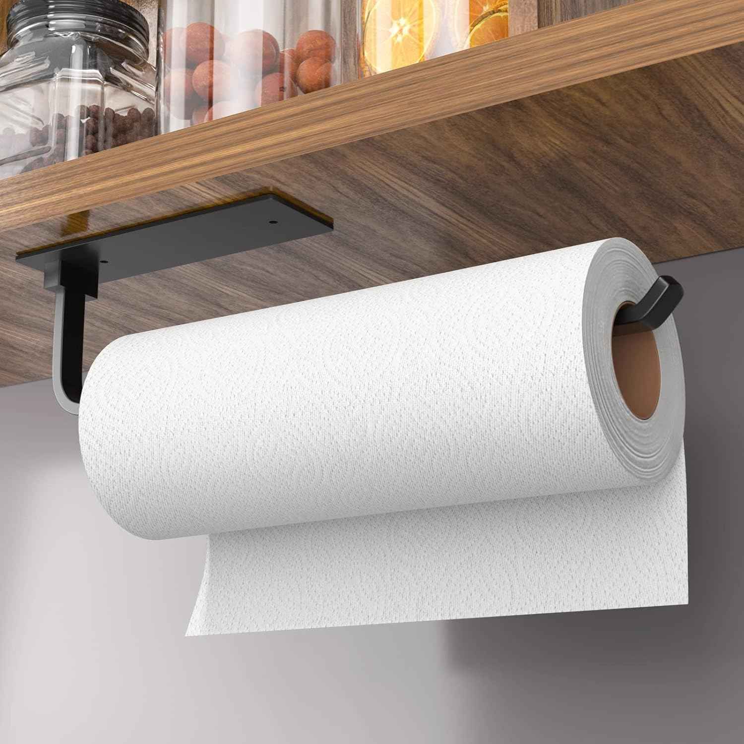Upgraded Aluminum Paper Towel Holder - Self-Adhesive or Drilling, Matte Black, Kitchen Roll Dispenser