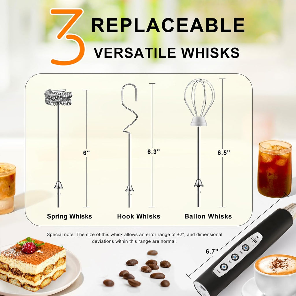 YUSWKO Black Handheld Milk Frother Wand for Coffee, Rechargeable Electric Whisk with 3 Heads 3 Speeds Drink Mixer Coffee Frother For Latte, Cappuccino, Hot Chocolate, Egg