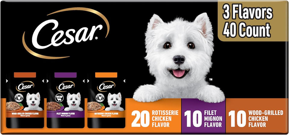 cesar filets in gravy wet dog food rotisserie chicken flavor, filet mignon flavor, and wood-grilled chicken variety pack for adult dogs