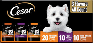 cesar filets in gravy wet dog food rotisserie chicken flavor, filet mignon flavor, and wood-grilled chicken variety pack for adult dogs
