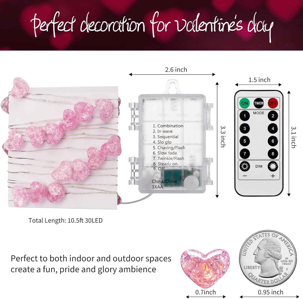 Valentine’s Day Fairy String Lights - 10.5 ft 30 LED Pink Heart Battery Operated Fairy Lights with Timer and Remote, Twinkle Heart Lights for Wedding DIY Indoor Christmas Gift Valentine's Day