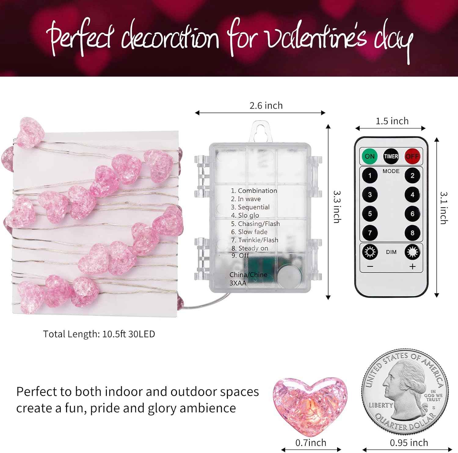 brightown 10.5ft 30 led pink heart battery operated fairy lights with timer and remote