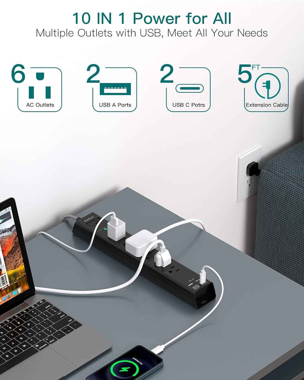 Surge Protector Power Strip - Extension Cord with Addtam 6 AC Outlets 4 USB (2 USB-C Ports), 1875W/15A, Flat Plug with Overload Surge Protection, Outlet Extender for Home Office Dorm Room Essentials