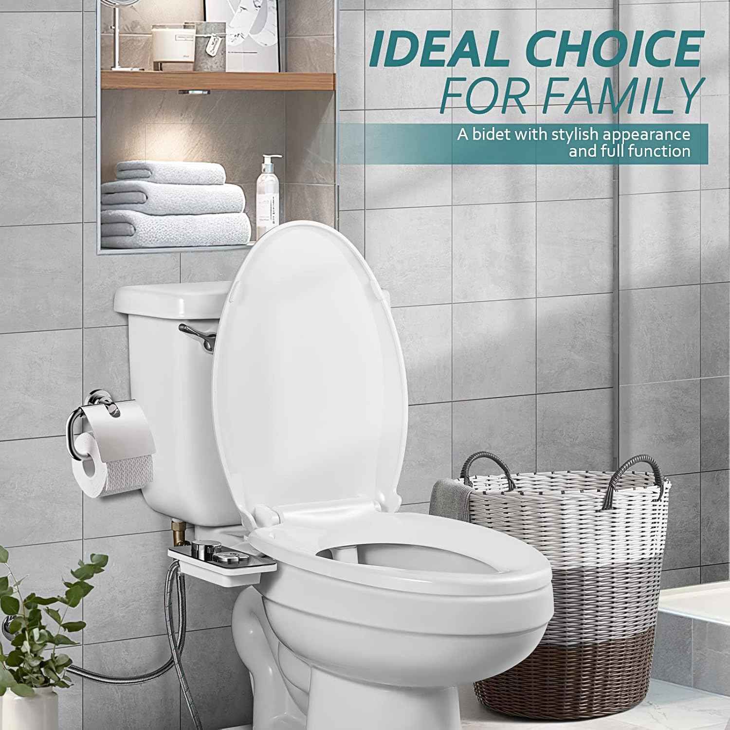 Samodra non-electric cold water bidet toilet seat attachment with pressure controls, retractable nozzles, black finish.