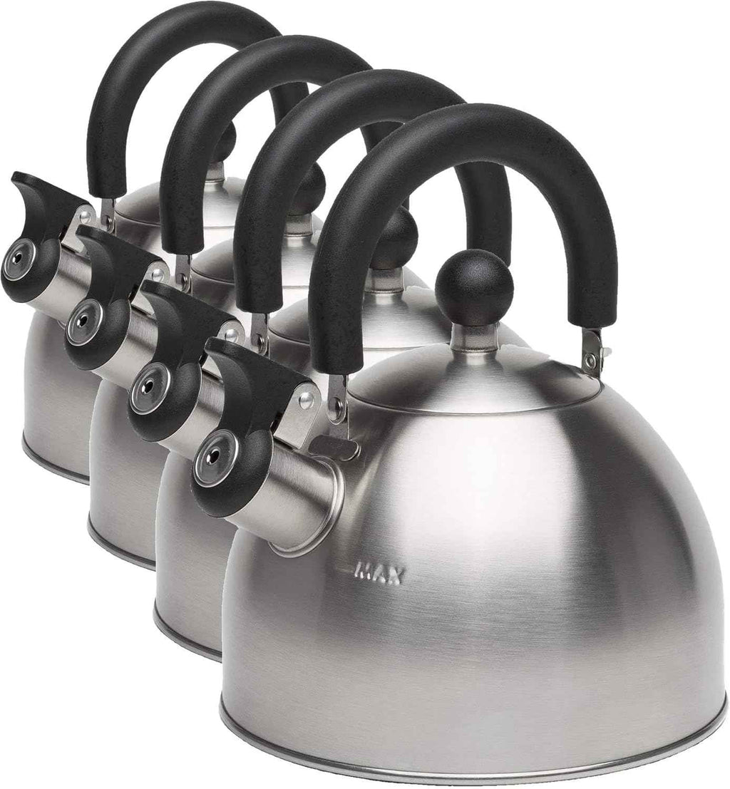 Primula Stewart Whistling Stovetop Tea Kettle Food Grade Stainless Steel, Hot Water Fast to Boil, Cool Touch Folding, 1.5-Quart, Brushed with Black Handle