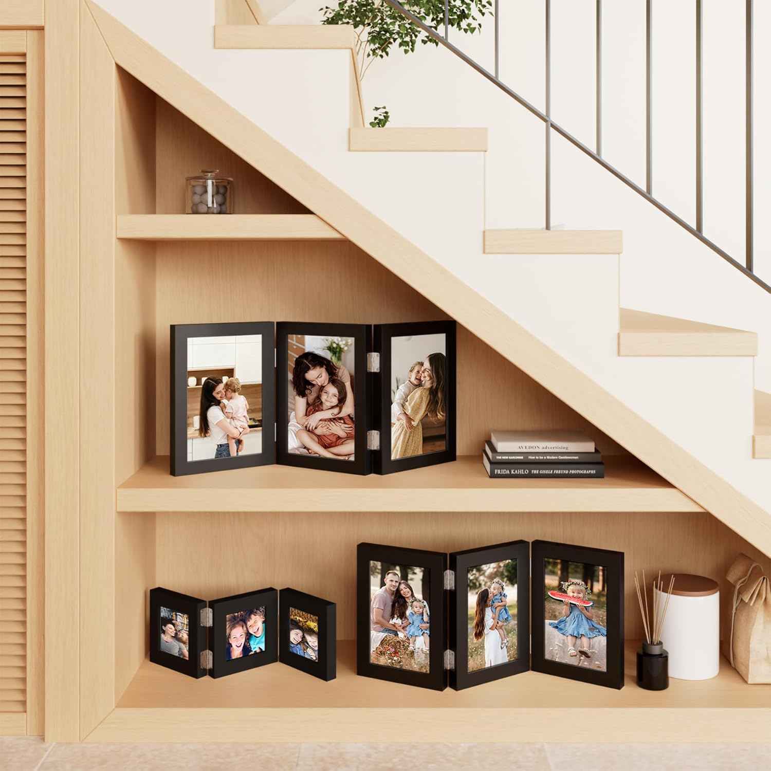 decorUhome Engineered Wood Trifold 4x6 Photo Frame with Plexiglass for Tabletop Display, Black, 3-Picture Frame