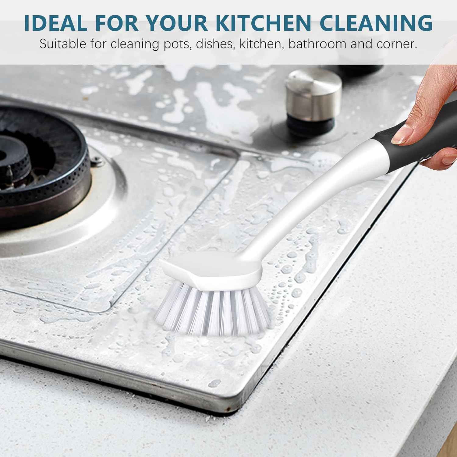 SetSail Dish Brush Set of 3 with Bottle Brush, Dish Scrub Brush with Long Handle Deep Cleaning Handle Brush with Scraper Tip for Kitchen Sink Dishes Bottle Cup Pot and Pans Tile Lines, Black