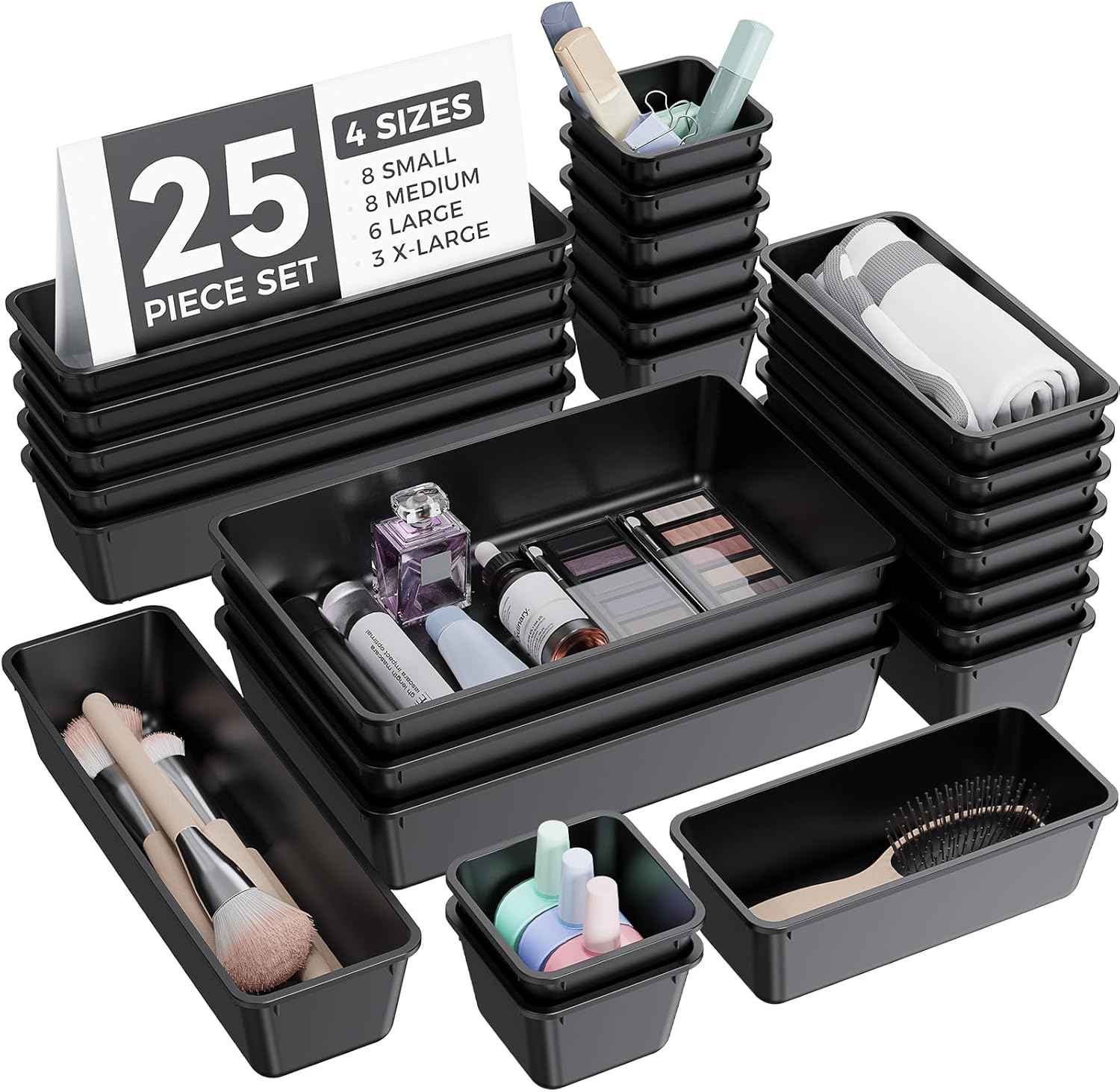 25 PCS Plastic Drawer Organizers Set, 4-Sizes Vanity and Makeup Organizer, Desk and bathroom Drawer Organizer Trays, Organizers and Storage for Makeup, Jewelry, Gadgets, Utensils (Pink)