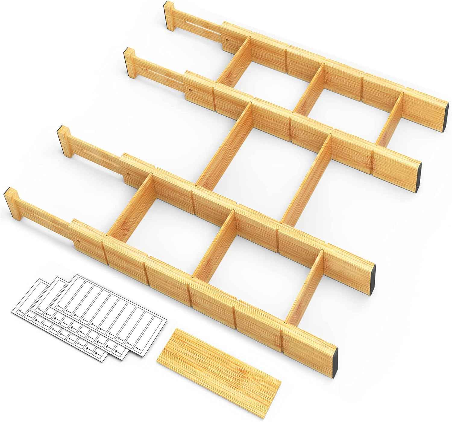 SpaceAid Bamboo Drawer Dividers with Inserts and Labels, Expandable Organization for Home, Office, Dressers, 4 Dividers