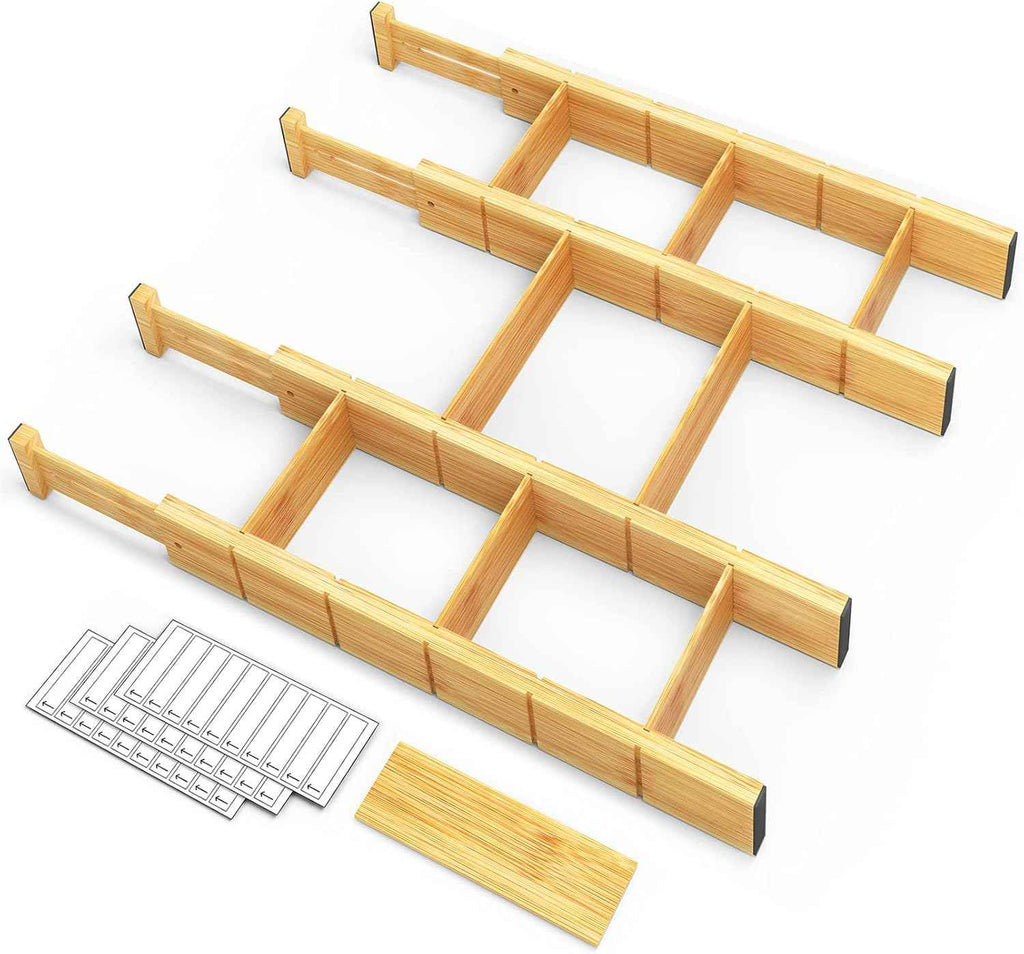 SpaceAid Bamboo Drawer Dividers with Inserts and Labels, Expandable Organization for Home, Office, Dressers, 4 Dividers