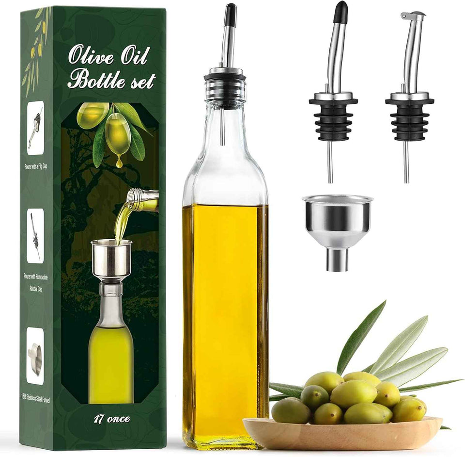 AOZITA 17oz Glass Olive Oil Bottle Dispenser - 500ml Green Oil and Vinegar Cruet with Pourers and Funnel - Olive Oil Carafe Decanter for Kitchen