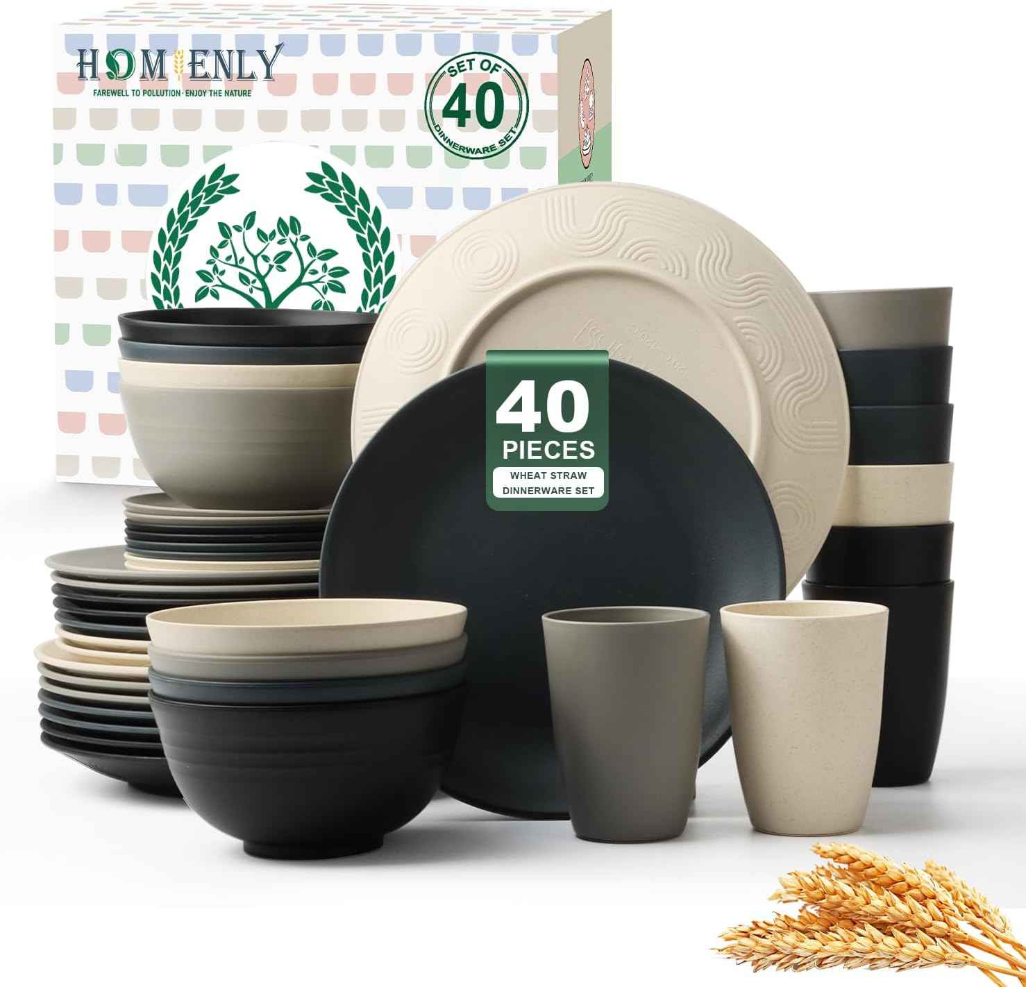 Homienly 40-Piece Premium Wheat Straw Dinnerware Sets, Service for 8, Unbreakable Plates and Bowls Set - Cups Sets, Dinner Plates, Bowls for Kitchen,Dishwasher and Microwave Safe Dishes Set - Multi