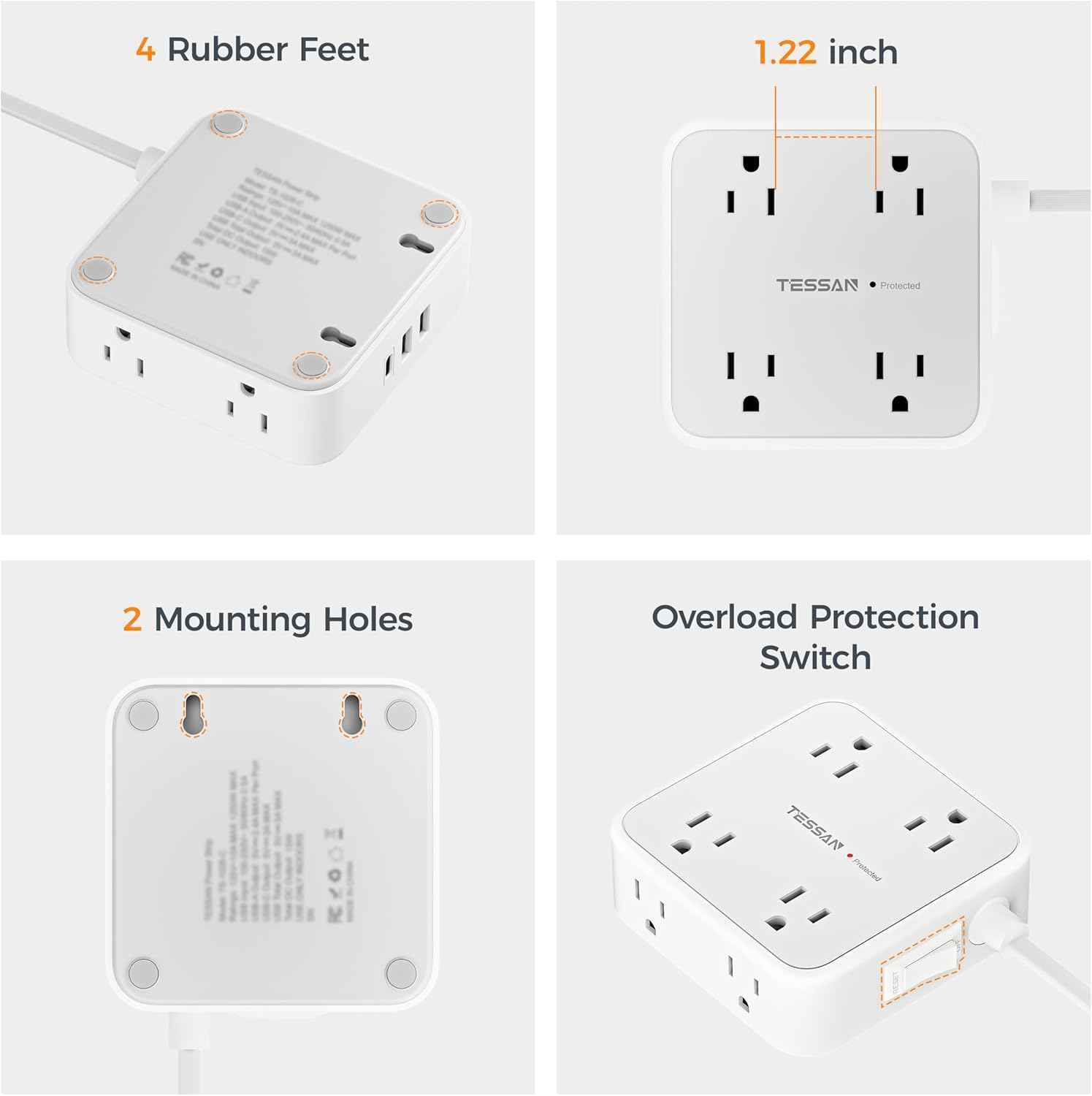 TESSAN Surge Protector Power Strip, 5 Ft Flat Plug Extension Cord with 3 USB (1 USB C) 8 Outlets, 900J Surge Protection, 3 Sided Outlet Extender with Power Switch for Office, Dorm Room Essentials