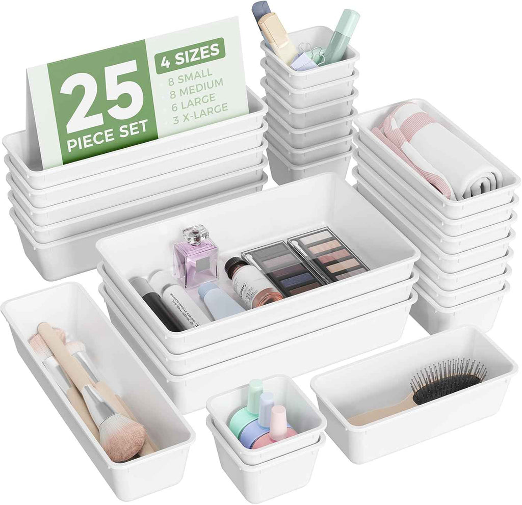 25 PCS Plastic Drawer Organizers Set, 4-Sizes Vanity and Makeup Organizer, Desk and bathroom Drawer Organizer Trays, Organizers and Storage for Makeup, Jewelry, Gadgets, Utensils (Pink)