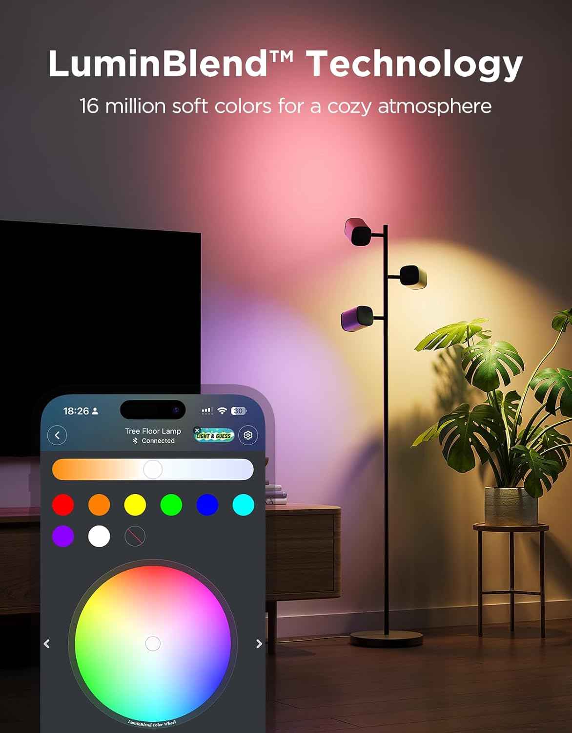 govee tree floor lamp with luminblend technology, 3 rotatable lights, standing lamp with 64 dynamic scenes, matter compatible