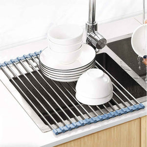 MECHEER Over The Sink Dish Drying Rack, Roll Up Dish Drying Rack Kitchen Dish Rack Stainless Steel Sink Drying Rack, Foldable Dish Drainer, Gray
