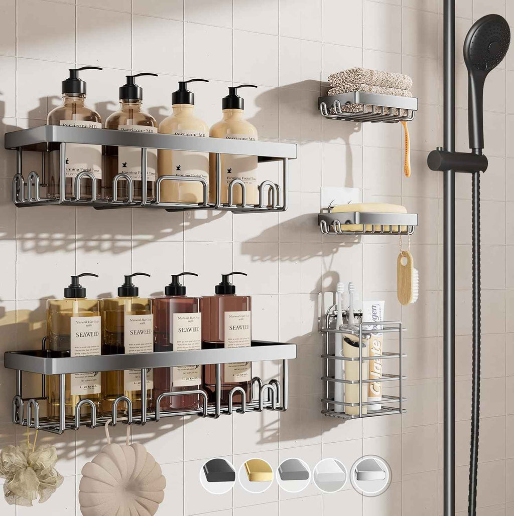 Veken Shower Caddy 6-Pack, Advanced Rustproof Design, No Drilling Adhesive Shelves, Rack with Soap Holder, Large Capacity Bathroom Organizers and Storage, Wall-Mounted Kitchen & Home Decor