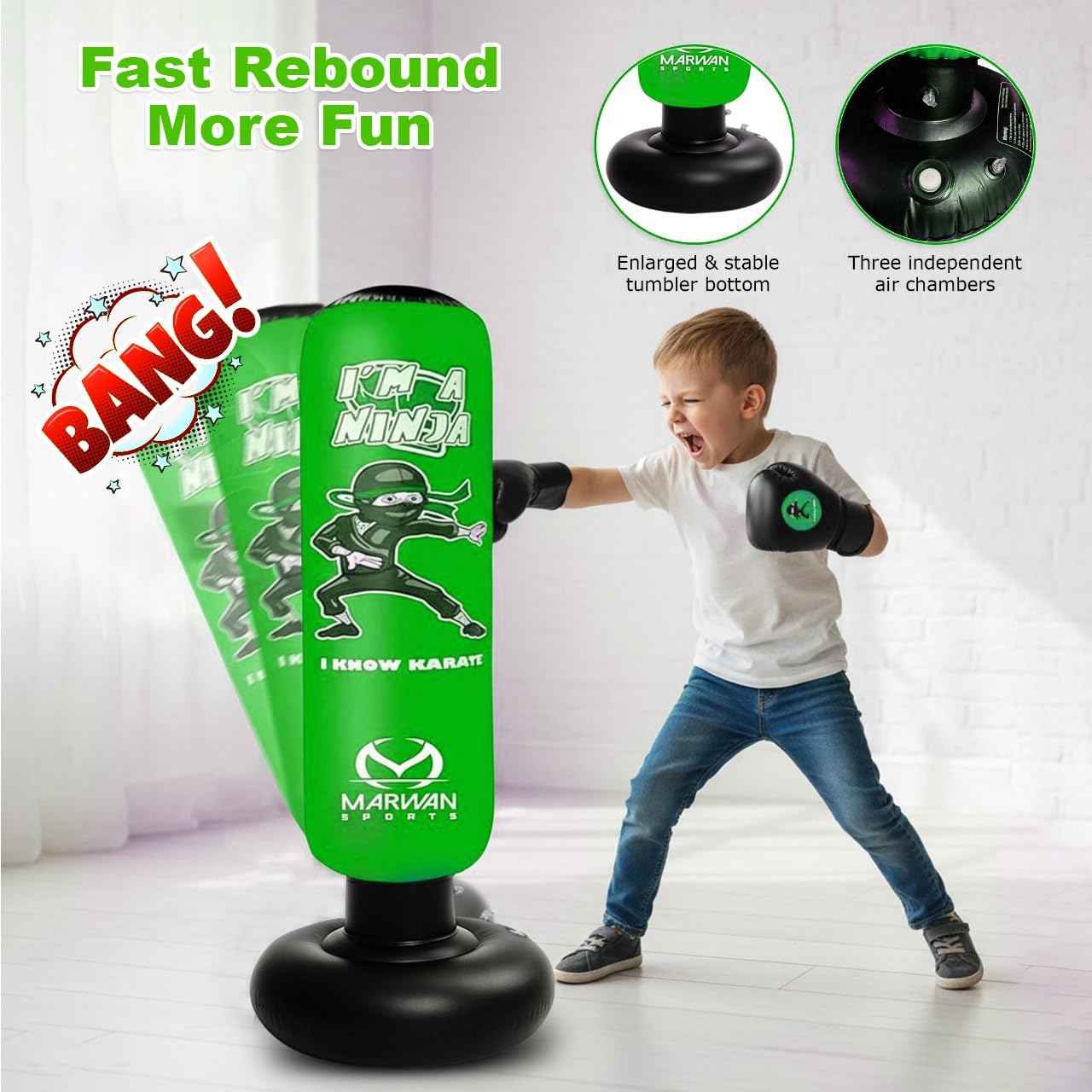 Marwan Sports 5-in-1 Inflatable Punching Bag for Kids – 63" Karate Toy Set with Boxing Gloves, Durable Fast Rebound, Active Play, Stress Relief Christmas/Birthday Gift for Boys & Girls Ages 4-12