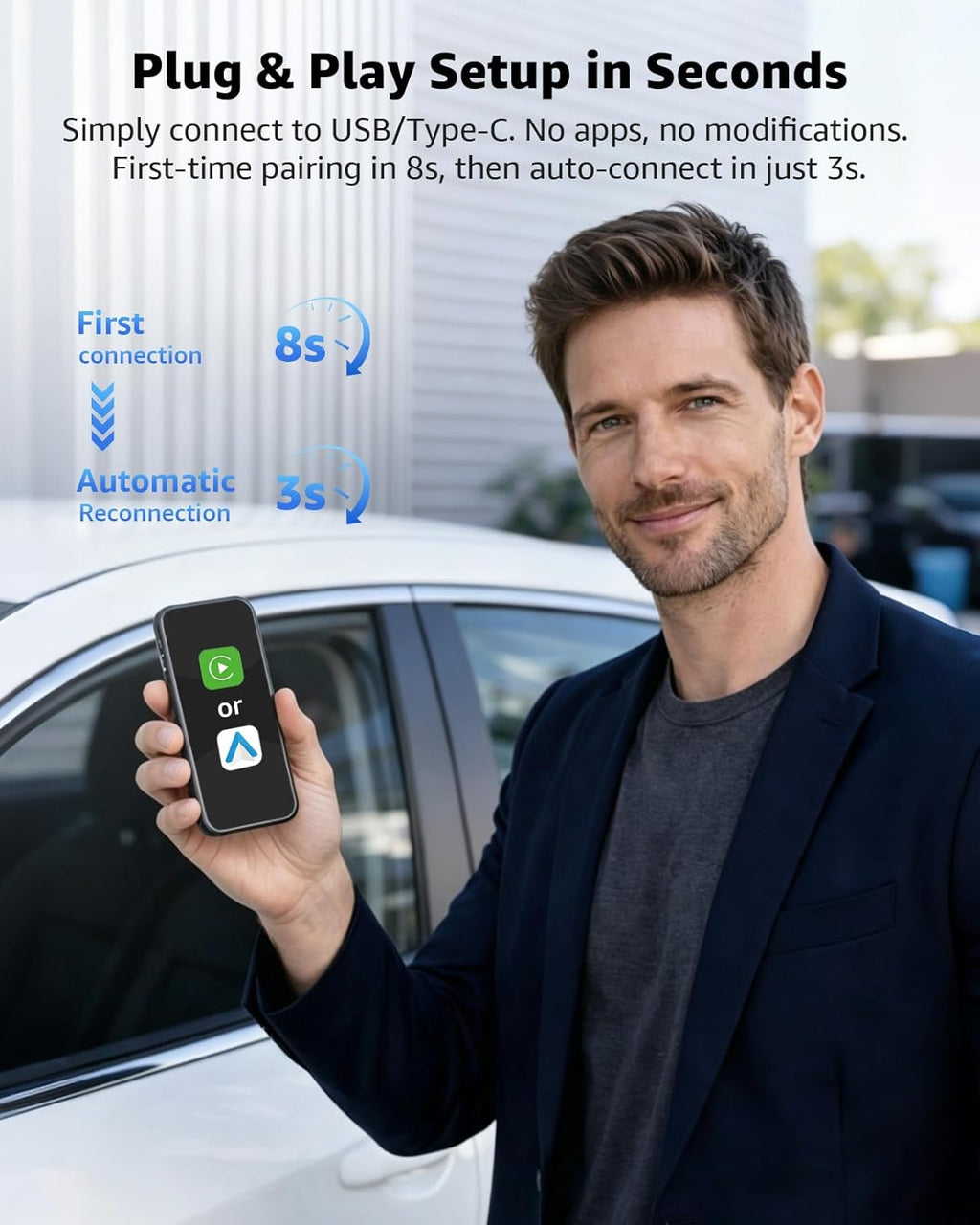 Wireless CarPlay Adapter, CarPlay Wireless Adapter Plug & Play USB/USB-C, 2-in-1 Converts Wired to Wireless CarPlay, Android Auto Wireless Adapter, Compatible with iPhone iOS 10+ & Android Auto