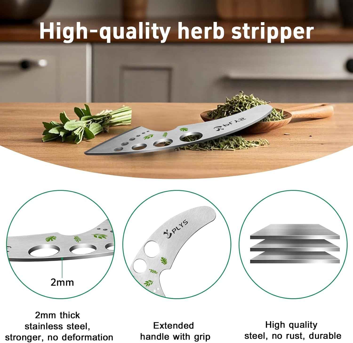 Plys Herb Stripper Tool with 9 Holes - Stainless Steel Kitchen Stripper, Herb Leaf Peeler for Kale, Chard, and Greens, 2025 Professional