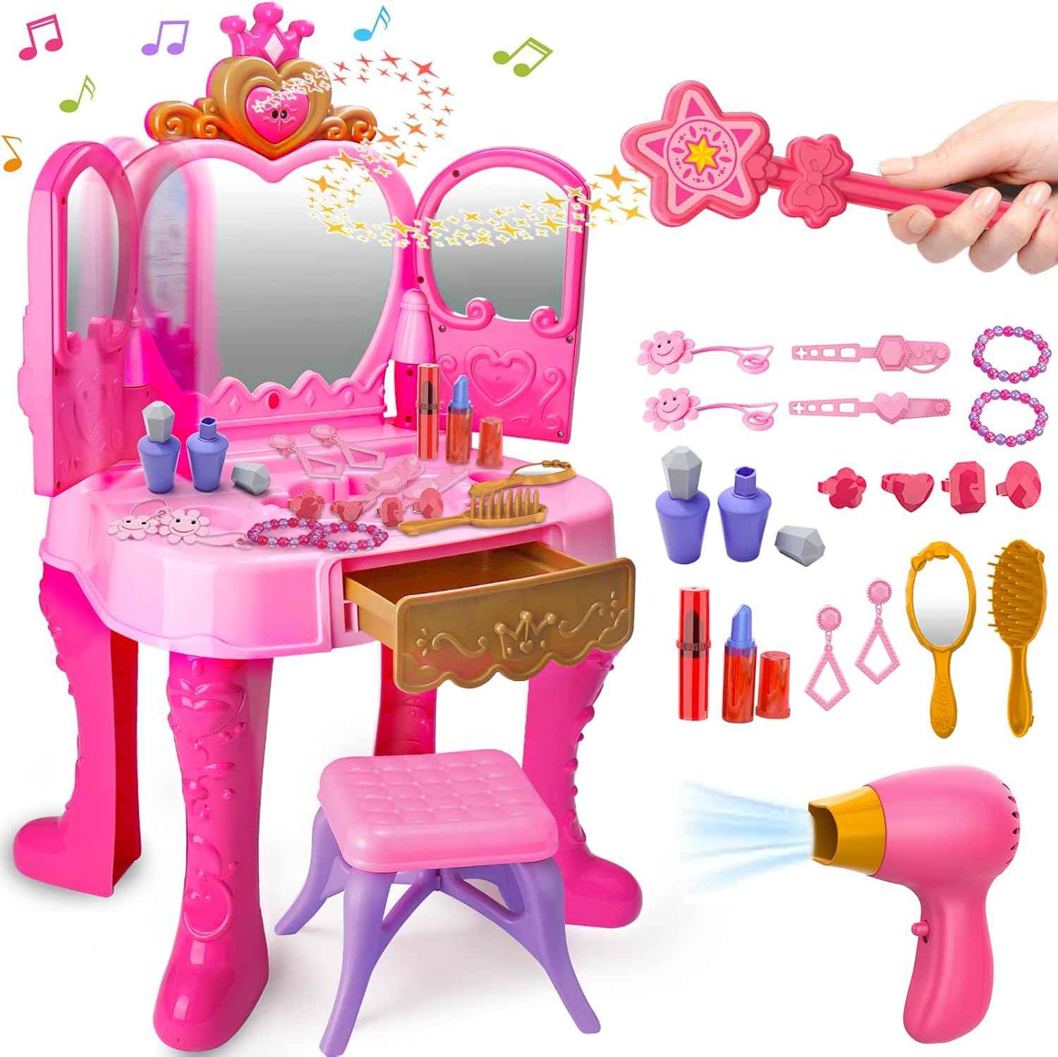 Light Pink Magic Makeup Table & Chair Set for 2-5 year old girls with Music and Mirror, Princess Dress Up Playset