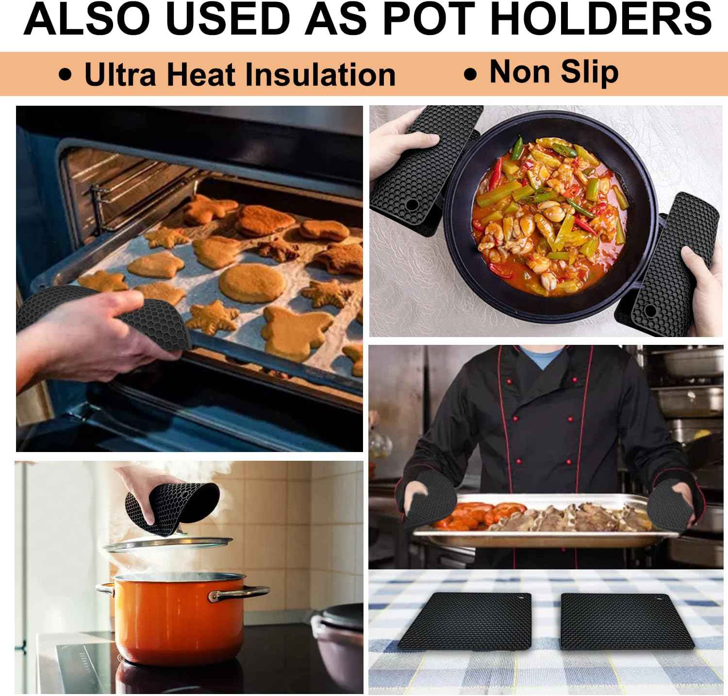 4-pack Walfos silicone trivet mats - heat resistant kitchen pot holders, non-slip hot pads, black