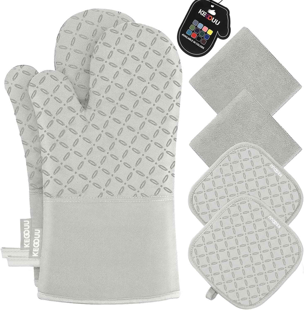 KEGOUU Oven Mitts and Pot Holders 6pcs Set, Kitchen Oven Glove High Heat Resistant 500 Degree Extra Long Oven Mitts and Potholder with Non-Slip Silicone Surface for Cooking (Grey)