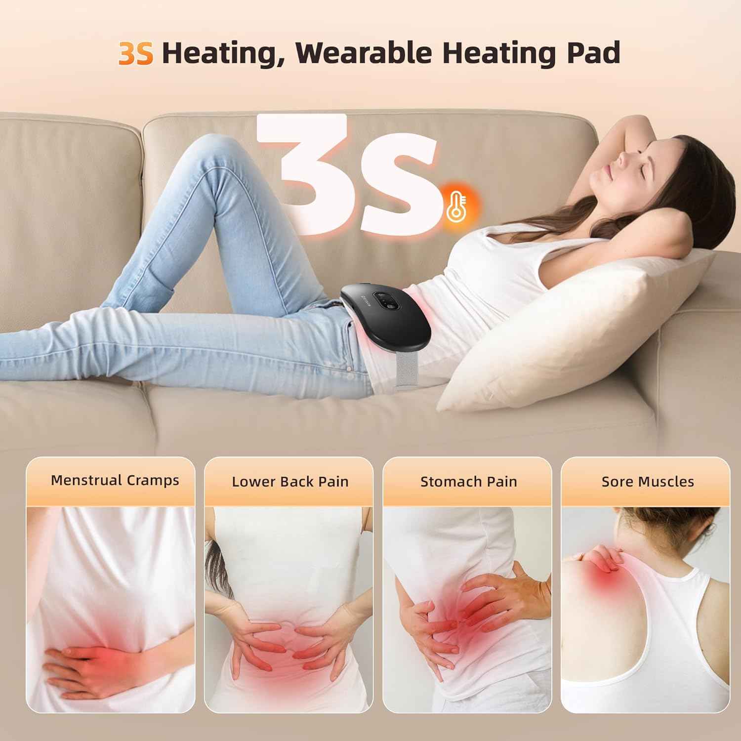 COSYGLOW 6 Heat Levels Portable Cordless Heating Pad for Back Pain Relief, Gifts for Women and Girls, Black