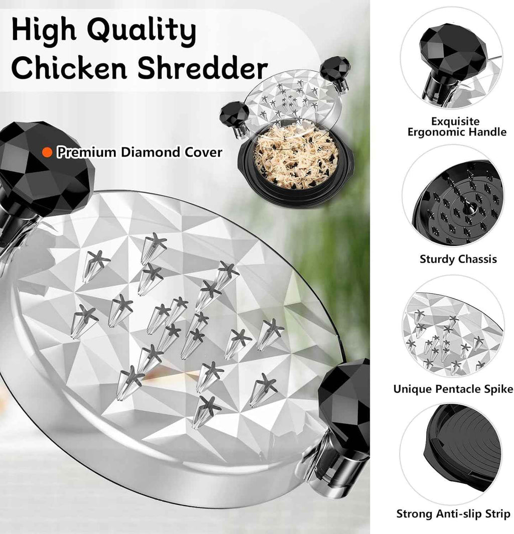 Chicken Shredder with Brush Chicken Shredder Tool Twist Stable Anti-Slip BPA Free Meat Shredder Tool Twist Ergonomic Handle Meat Grinder Dishwasher-safe Transparent Lid Black