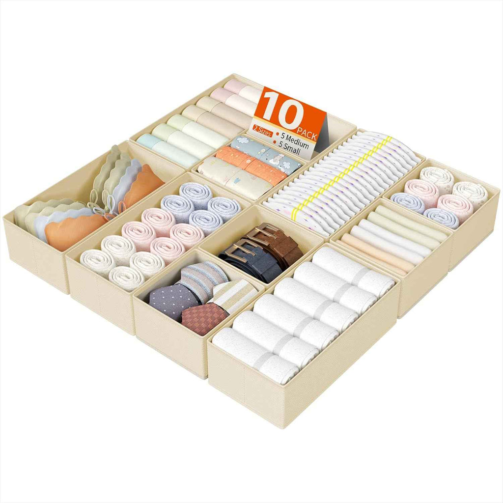 DIMJ Drawer Organizers Clothes, Set of 4 Dresser Organizer Bins, Fabric Closet Organizers and Storage, Shallow Drawer Dividers for Nursery, Clothing, Baby Clothes, Socks, Underwears, Tie (Beige)