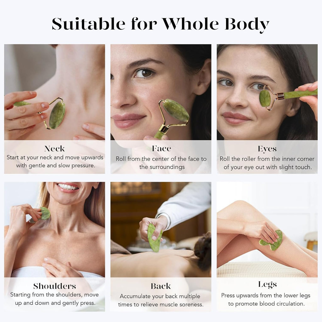BAIMEI IcyMe Green Jade Gua Sha and Face Roller Set for Puffiness and Redness Reduction, Self Care Gift